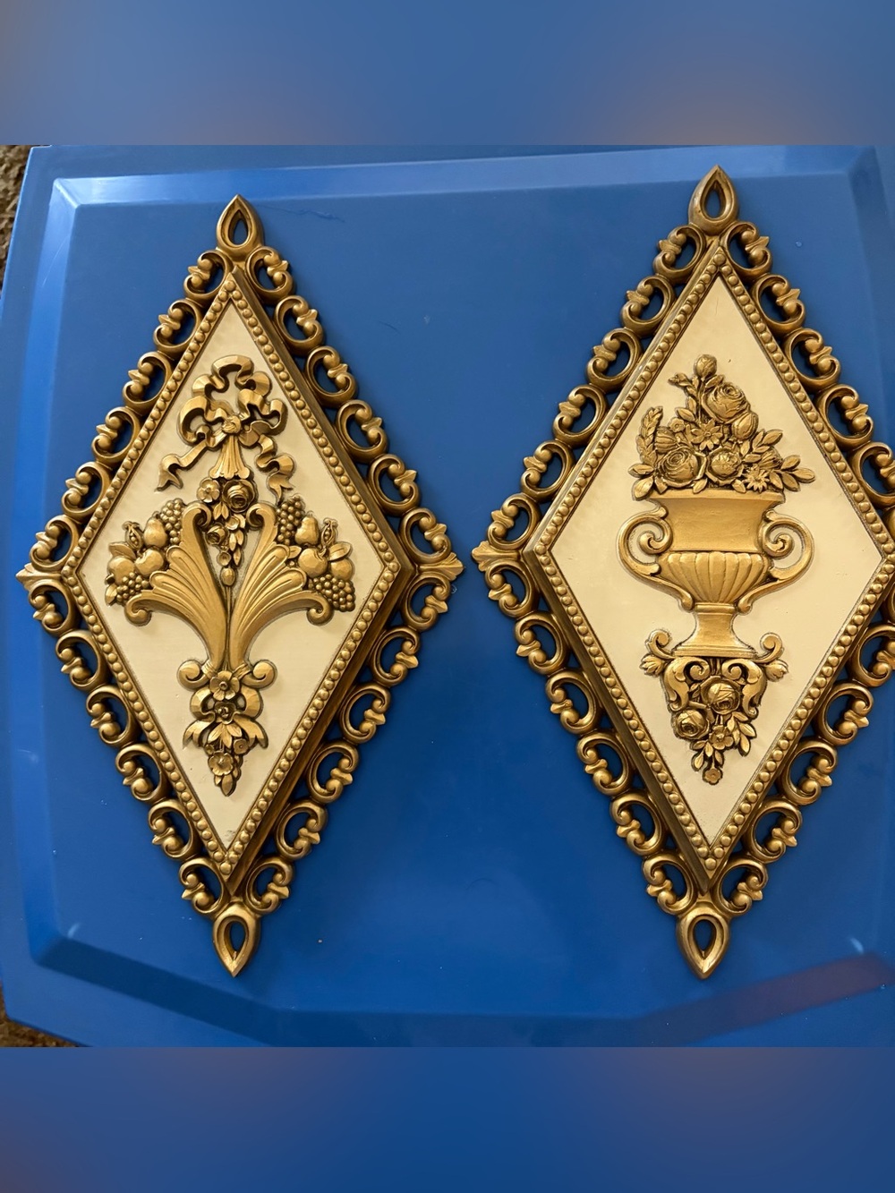 Vintage MCM Homco Gold and Cream Ornamental Diamond Wall Plaques - Set of Two